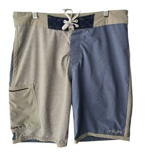 Huk Performance Fishing Board Shorts Mens 34 Blue Grey Colorblock Stretch Zipper